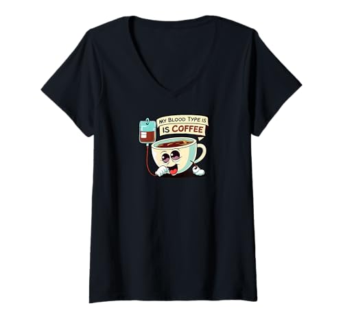 Damen My Blood Type is Coffee Funny Caffeine Lover Design T-Shirt mit V-Ausschnitt Damen My Blood Type is Coffee Funny Caffeine Lover Design T-Shirt mit V-Ausschnitt von Coffee Is My Veins Funny Apparel