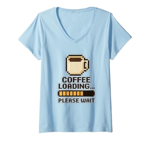 Damen Kaffee Loading Pixel Art Retro Nerd Gamer Büro Geschenk T-Shirt mit V-Ausschnitt von Coffee Loading Pixel Art Retro Nerd, d.b.A.i.