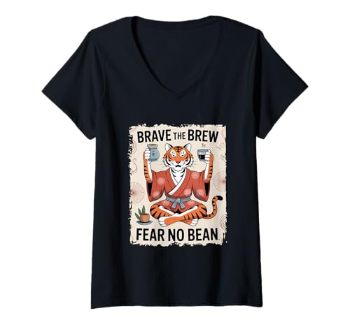 Damen Kaffeeliebhaber Brave The Brew Fear No Bean T-Shirt mit V-Ausschnitt von Coffee Lover Designs