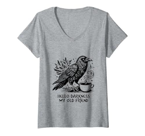 Damen Hello Darkness My Old Friend Raven Crow Holding Kaffeetasse T-Shirt mit V-Ausschnitt Damen Hello Darkness My Old Friend Raven Crow Holding Kaffeetasse T-Shirt mit V-Ausschnitt von Coffee Lover Floral Black Crow