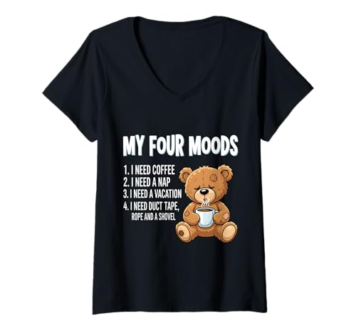 Damen Lustiger Kaffeeliebhaber Nickerchen Urlaub Plüschbär Müde Schlaf T-Shirt mit V-Ausschnitt von Coffee Lover Fueled By Coffee And Chaos Products