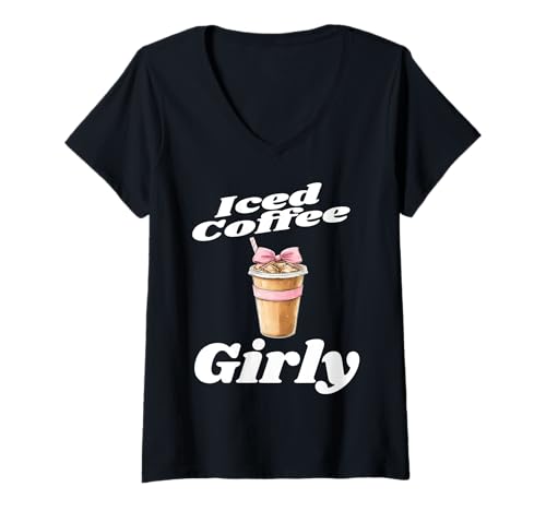 Damen Iced Coffee Girly Lustiger Kaffeeliebhaber Frau Mutter Humor Rosa T-Shirt mit V-Ausschnitt von Coffee Lover Gifts