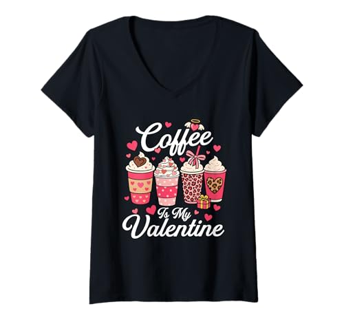 Damen Kaffee ist Mein Valentinstag - Morning Coffee Lover T-Shirt mit V-Ausschnitt von Coffee Lover Merch