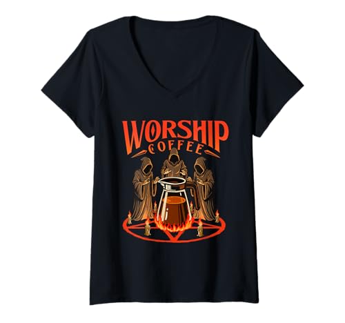 Damen Worship Coffee — Frühstück für Kaffeeliebhaber am Morgen T-Shirt mit V-Ausschnitt von Coffee Lover Merch