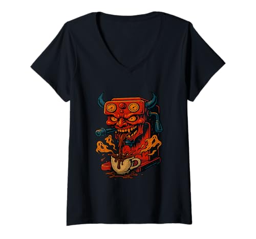 Damen Kunstwerk „Evil Coffee Demon Machine“ T-Shirt mit V-Ausschnitt Damen Kunstwerk „Evil Coffee Demon Machine“ T-Shirt mit V-Ausschnitt von Coffee Lover Morning Accessories