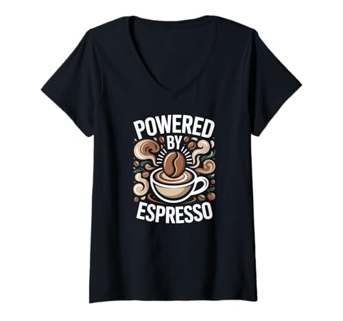Damen Angetrieben von Espresso Coffee Bean Cup T-Shirt mit V-Ausschnitt von Coffee Lovers Energizing Caffeine Vibes Latte