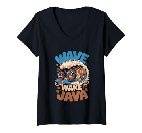 Damen Wave Wake Surfspaß mit Java-Kaffeebohnen T-Shirt mit V-Ausschnitt von Coffee Lovers Surfing Waves Java