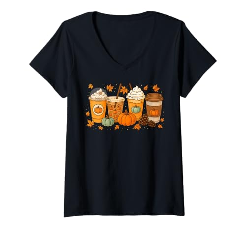 Damen Kaffee Kürbis Latte Spice Kaffee Liebe Herbst Saison Halloween T-Shirt mit V-Ausschnitt von Coffee Pumpkin Latte Spice Coffee Ades