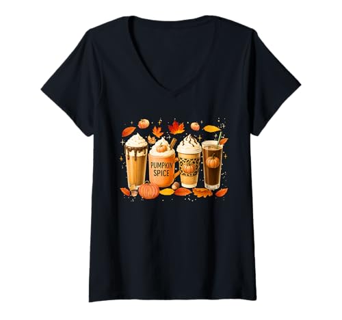 Damen Coffee Pumpkin Latte Spice Coffee Love Fall Season Halloween T-Shirt mit V-Ausschnitt Damen Coffee Pumpkin Latte Spice Coffee Love Fall Season Halloween T-Shirt mit V-Ausschnitt von Coffee Pumpkin Latte Spice Fall Vibes Autumn Tee