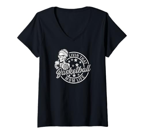 Damen Basketball Mom Life Skelett Kaffee Retro Lustiger Look T-Shirt mit V-Ausschnitt Damen Basketball Mom Life Skelett Kaffee Retro Lustiger Look T-Shirt mit V-Ausschnitt von Coffee Skeleton Basketball Mom Funny Retro