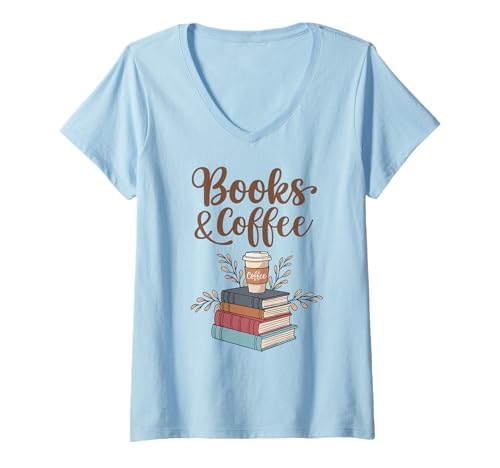 Damen Lese- und Kaffeeliebhaber | Kaffee und Bücher T-Shirt mit V-Ausschnitt von Coffee and Books Designs for Coffee & Book Lovers