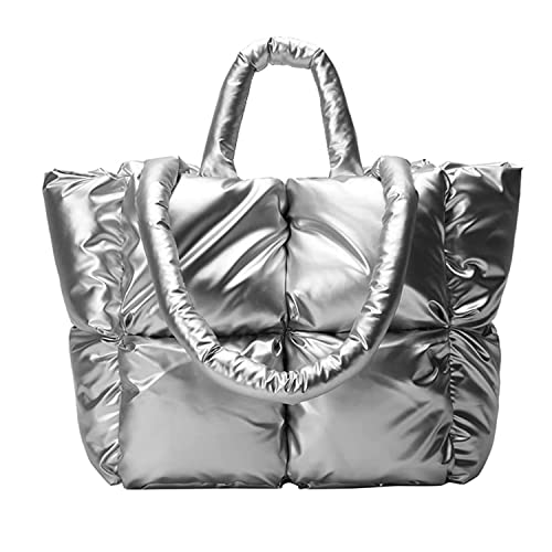 Frauen Große gesteppte Puffer Tragetasche Weich Gepolsterte Daunen Winter Handtasche Weltraum Totes Puffer Umhängetasche Kissen Shopper Tasche, Silber-m, Large von Cofteve