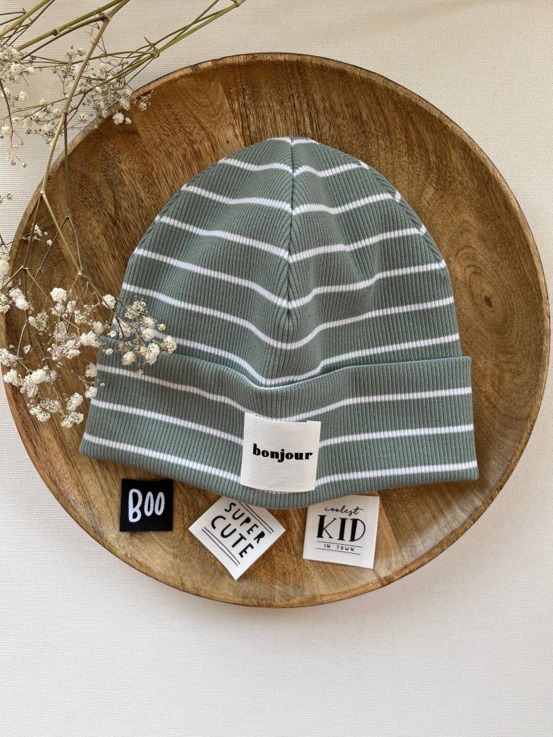Hipster Beanie Mütze Aus Rippjersey Mit/Ohne Label Gestreift Grün Weiß von CogaDesign