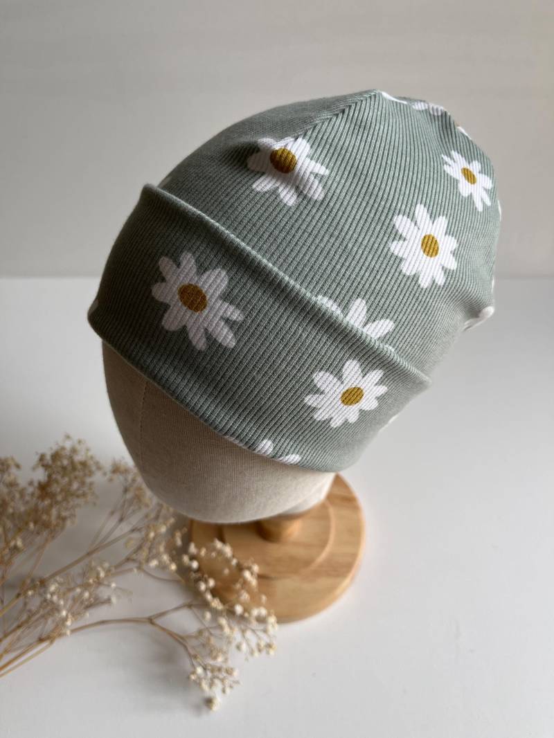 Hipster Beanie Mütze " Flower" Für Baby Kind Aus Rippjersey Mit/Ohne Label Grün von CogaDesign