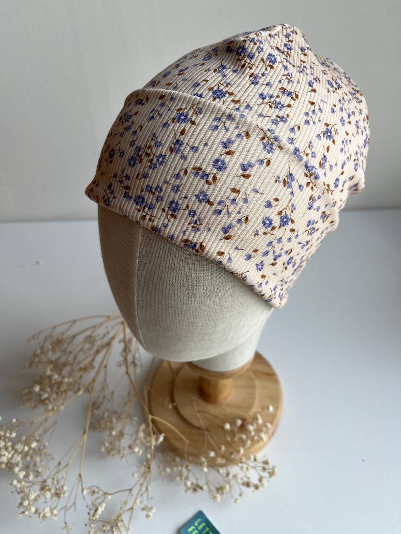 Hipster Beanie Mütze " Forget-Me-Not Für Baby Kind Aus Rippjersey Mit/Ohne Label Blau Geblümt von CogaDesign