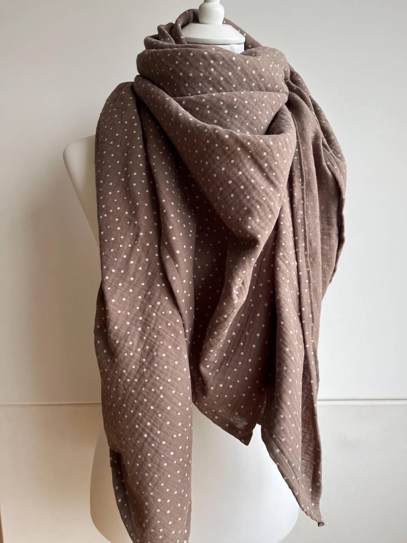xxl Musselintuch Anton Dreieckstuch Tuch Bio-Musselin Damen, Schal Braun Gepunktet von CogaDesign