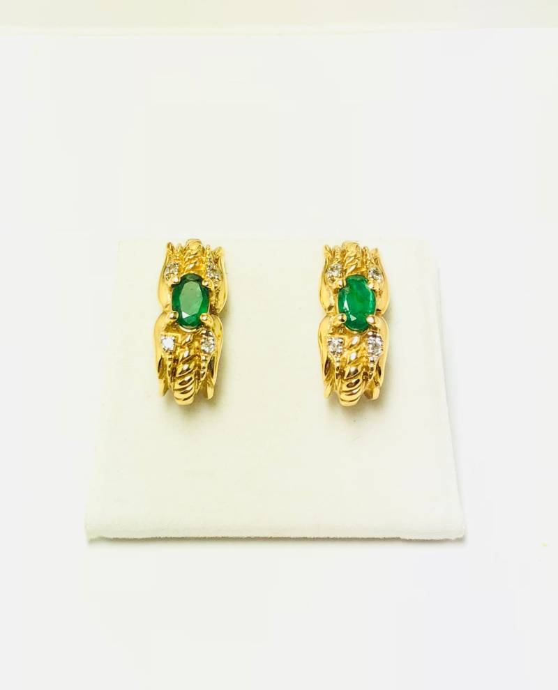 Schöne Vintage 14K Gelbgold Natürliche Smaragd Diamant Ohrringe von CohenBrilliants