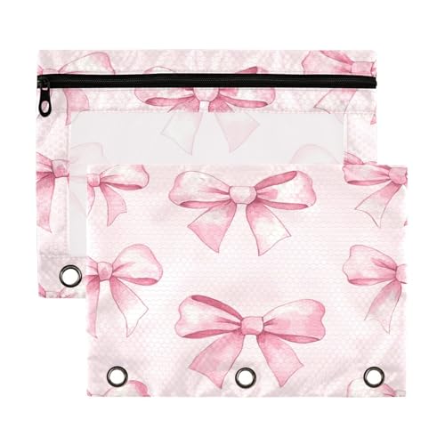Coikll Federmäppchen mit rosa Schleifen, passend für Standard-3-Ring-Ordner, Reißverschluss-Bleistifttasche mit transparentem Fenster für Büro, 2 Stück von Coikll