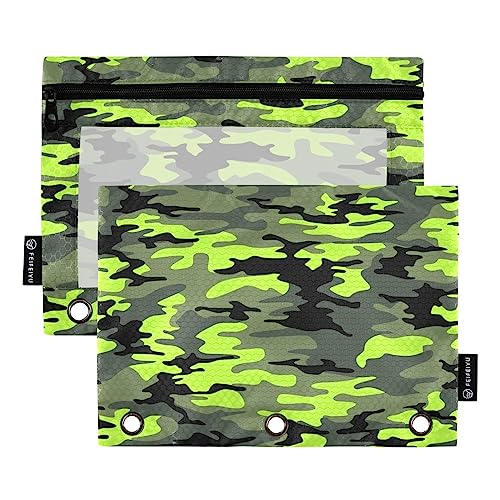 Coikll Grün-schwarze Camouflage-Federmäppchen, passend für Standard-3-Ringbücher, Reißverschluss-Bleistiftbeutel mit transparentem Fenster für Klassenzimmer, Büro, 2 Stück von Coikll