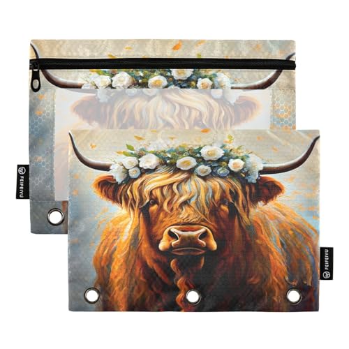 Coikll Highland Cow Federmäppchen, passend für Standard-3-Ring-Ordner, Reißverschluss-Bleistifttasche mit transparentem Fenster für Büro, 2 Stück von Coikll