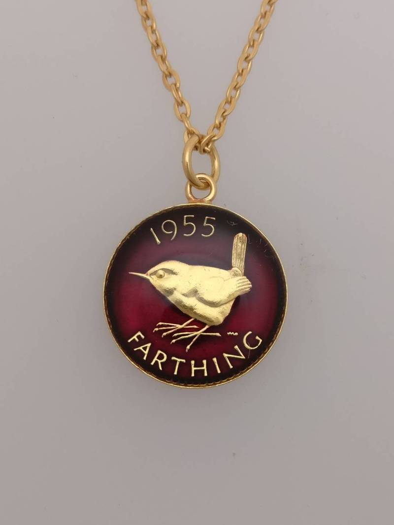 1955 Wren Farthing - Emaillierte Münzhalskette von CoinCreationsShop