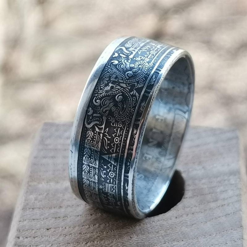 Azteken Kalender Silber Münze Ring Einzigartiger Maya Schmuck Handgemachtes Benutzerdefiniertes Geschenk Für Freund Für Ihn von CoinRingsCZ