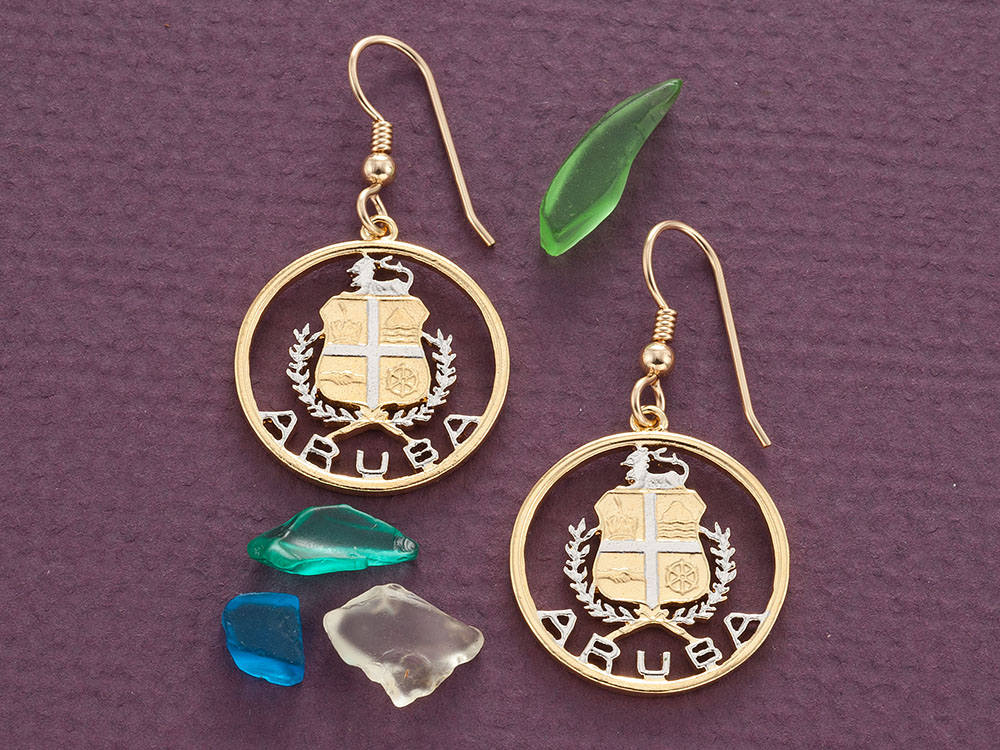 Aruba Münzohrringe Handgeschnittenes Königliches Wappen, 14K Gold Filled Aruba Münzohrringe Handgeschnittenes Königliches Wappen, 14K Gold Filled von Coinjewelry