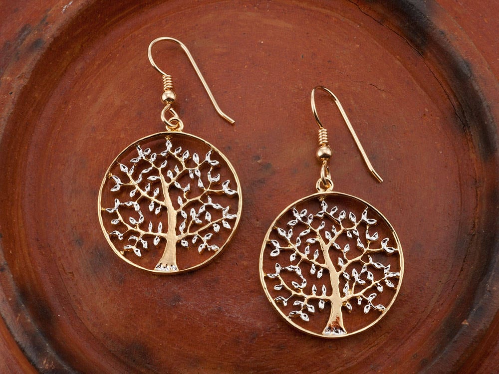 Baum Des Lebens Ohrringe, Handgeschnittene Plattiert Mit 14 Karat Gold Und Rhodium, 2, 5 cm Durchmesser | # 912E Baum Des Lebens Ohrringe, Handgeschnittene Plattiert Mit 14 Karat Gold Und Rhodium, 2, 5 cm Durchmesser | # 912E von Coinjewelry