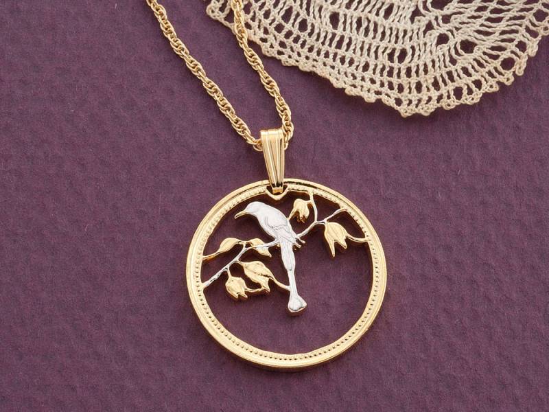 Belize Münz Anhänger Blau Gekrönter Motmot Vogel, 14K Vergoldet von Coinjewelry