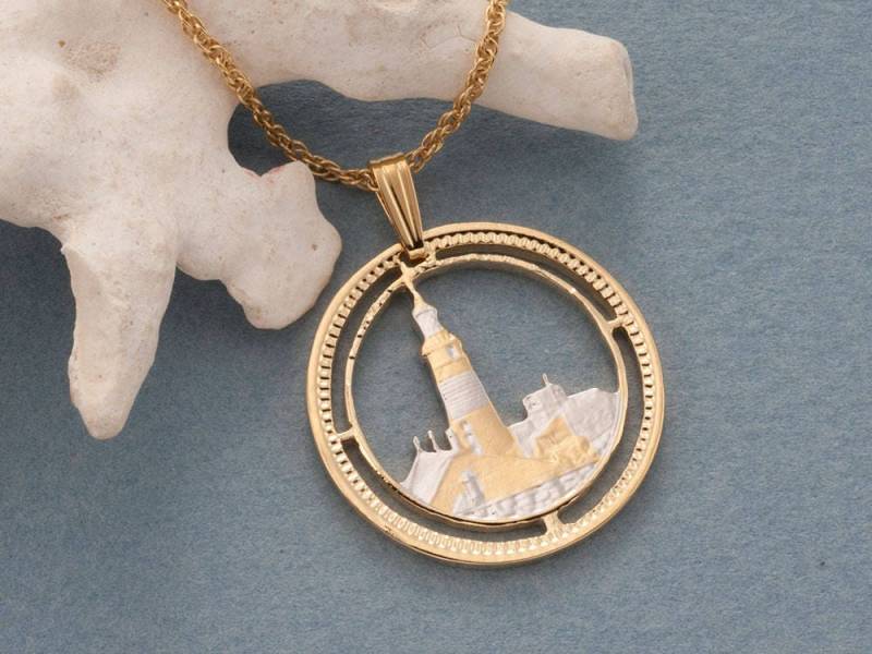 Gibraltar Leuchtturm Münze Anhänger 14K Gold & Rhodium Überzogene Halskette von Coinjewelry