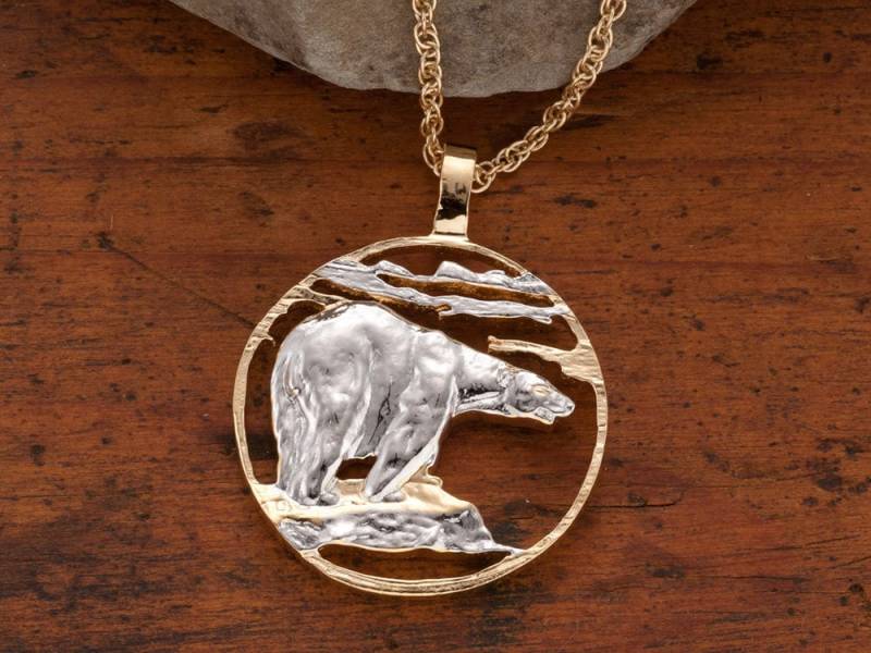 Hand Geschnitten Eisbär Anhänger Halskette 14K Gold & Rhodiniert | R 837 von Coinjewelry