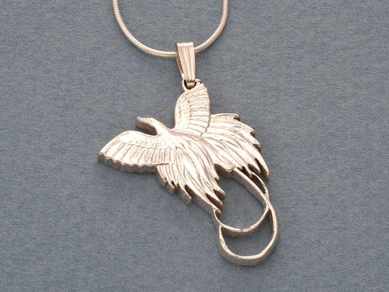 Hand Geschnitten Sterling Silber Paradiesvogel Anhänger Halskette von Coinjewelry