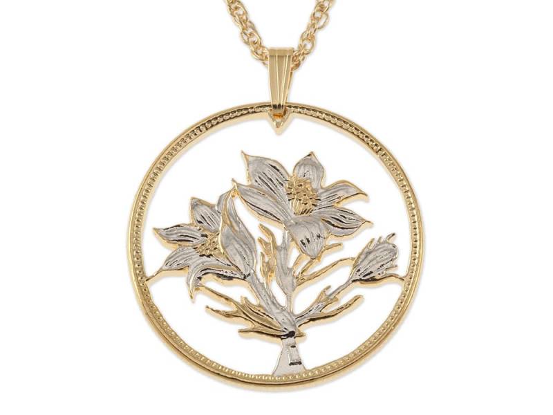 Hand Geschnittene Canada One Dollar Blumen Anhänger Halskette 14K Gold & Rhodiniert von Coinjewelry