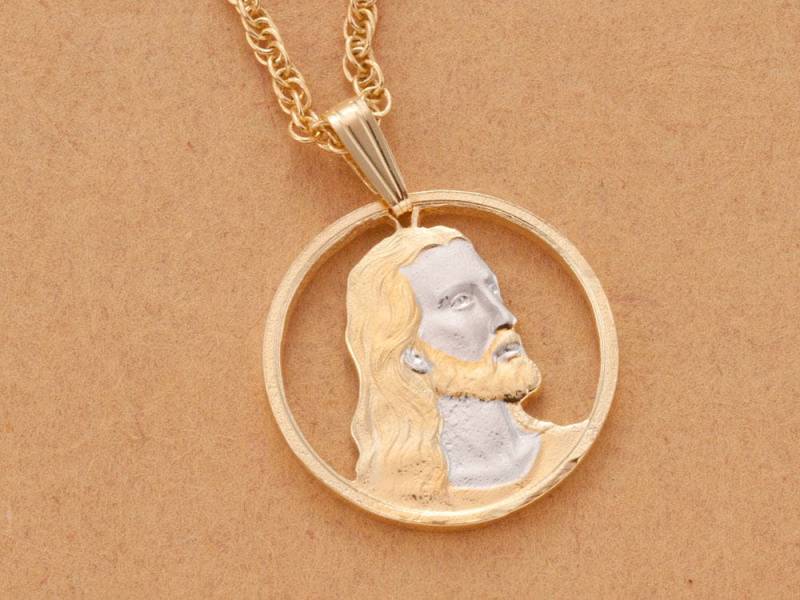 Hand Geschnittene Jesus Medaillon Halskette 14 Karat Gold & Rhodiniert von Coinjewelry