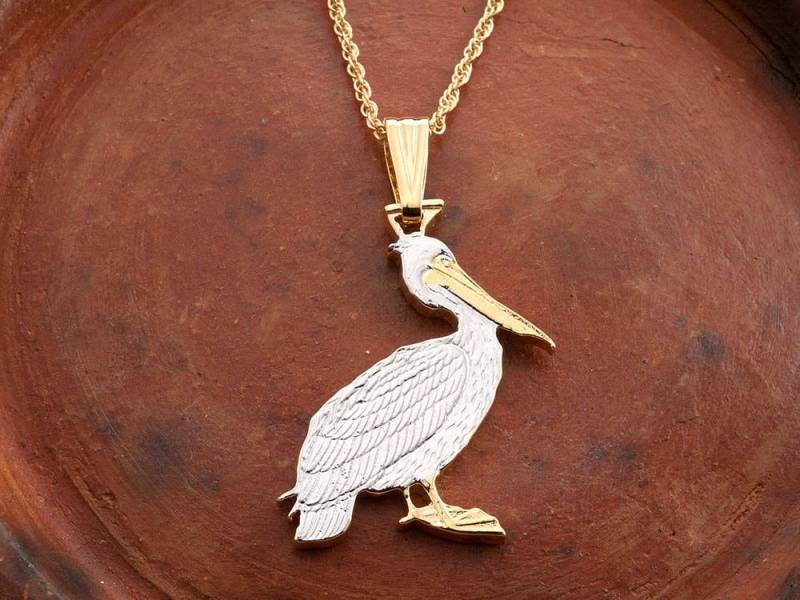 Hand Geschnittene Münze Pelikan Anhänger 14K Gold & Rhodiniert von Coinjewelry