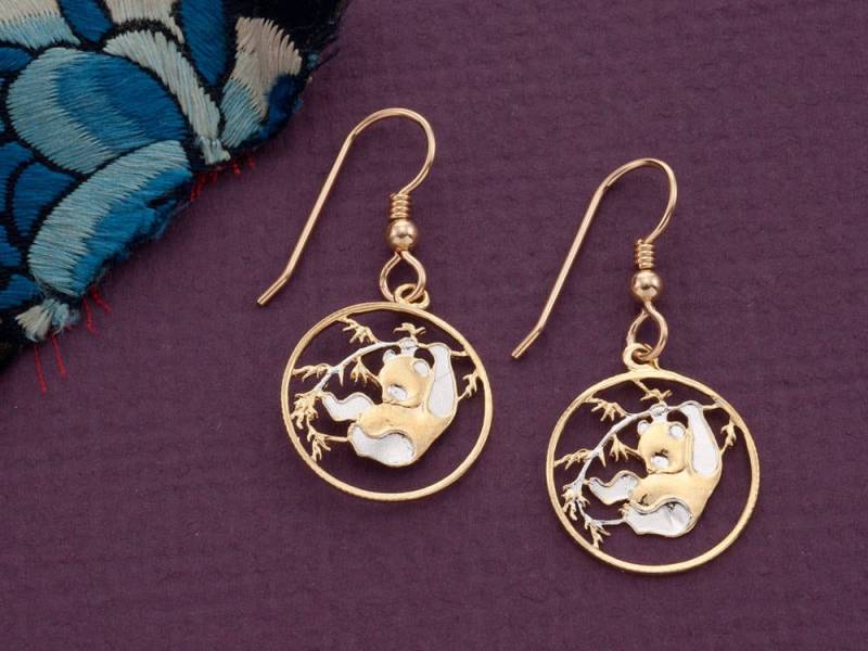 Hand Geschnittene Panda Ohrringe 14K Gold & Rhodiniert von Coinjewelry