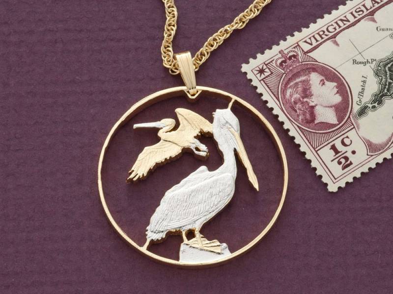 Hand Geschnittene Pelikan Münzanhänger Britisch Jungferninseln, 14K Rhodiniert | R 47 von Coinjewelry