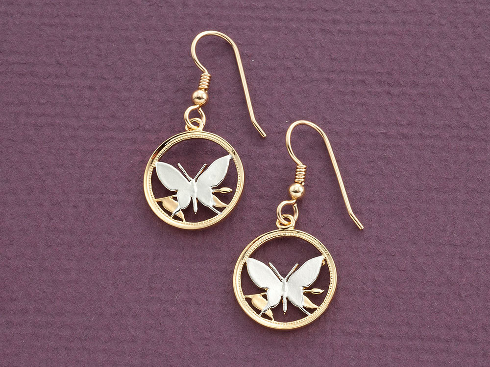 Schmetterling Ohrringe 14K Gold & Rhodinierte Neu-Guinea Münze Schmetterling Ohrringe 14K Gold & Rhodinierte Neu-Guinea Münze von Coinjewelry
