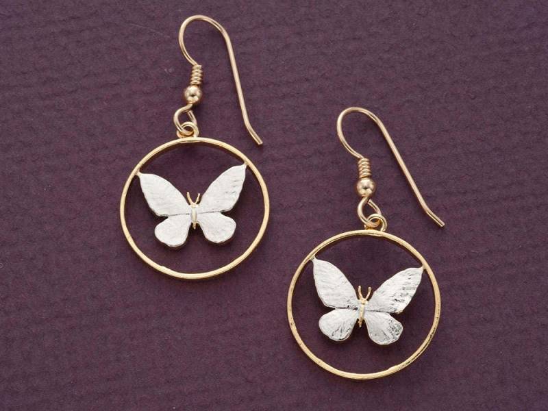 Schmetterling Ohrringe Handgeschliffene Philippinen 25 Centimos, 14K Gold Plated von Coinjewelry