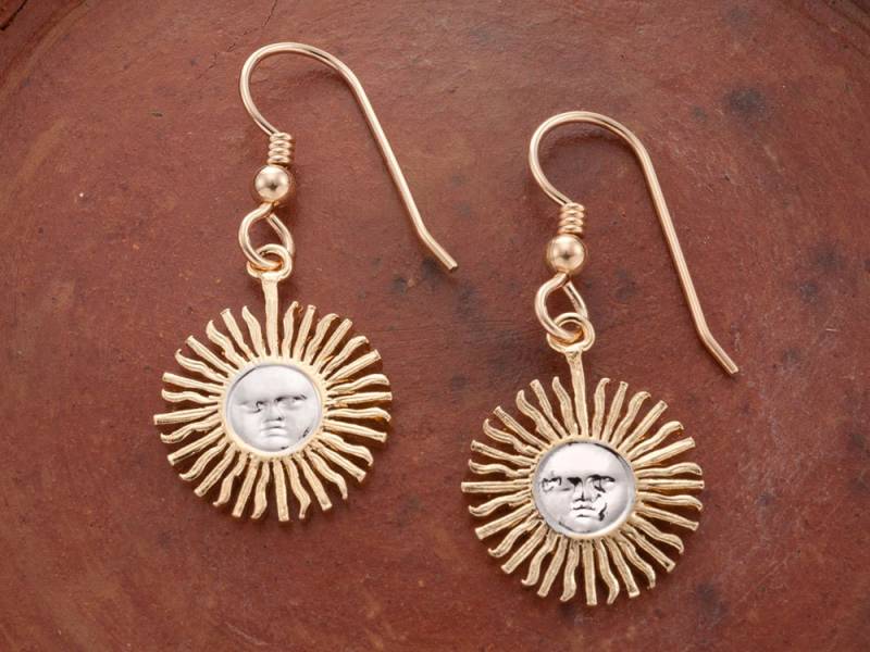 Sonnen Gesicht Ohrringe Argentinien Münze, 14K Gold, Rhodiniert von Coinjewelry