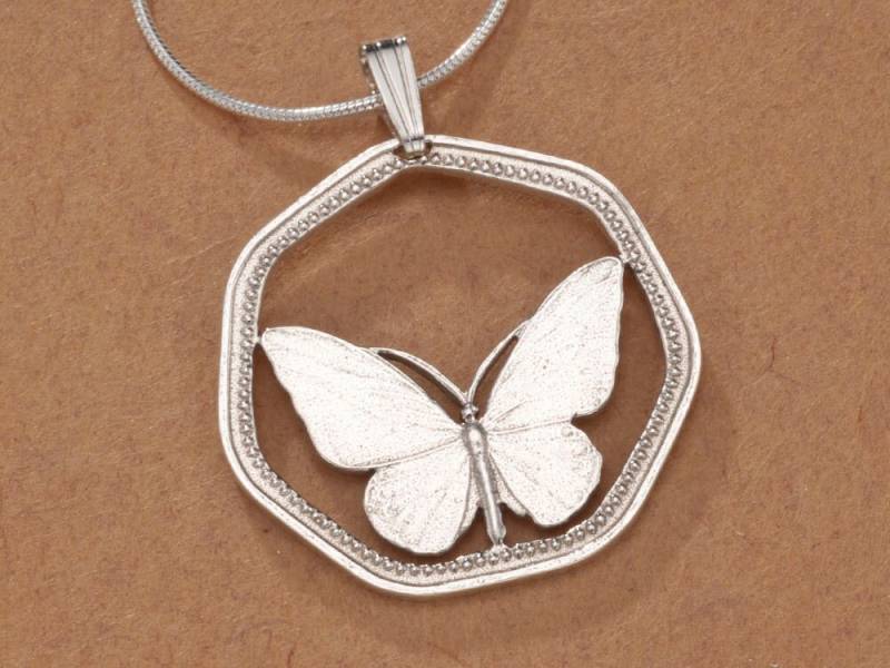 sterling Silber Schmetterling Anhänger, Handgeschnittene Neuguinea Münze, " Im Durchmesser, | #k 811S von Coinjewelry