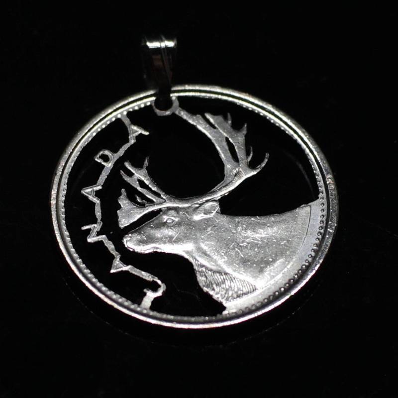 Hirsch Karibu Mit Dem Wort Canada Anhänger & Halskette 25 Cent Cut Münze von CoinsJeweller