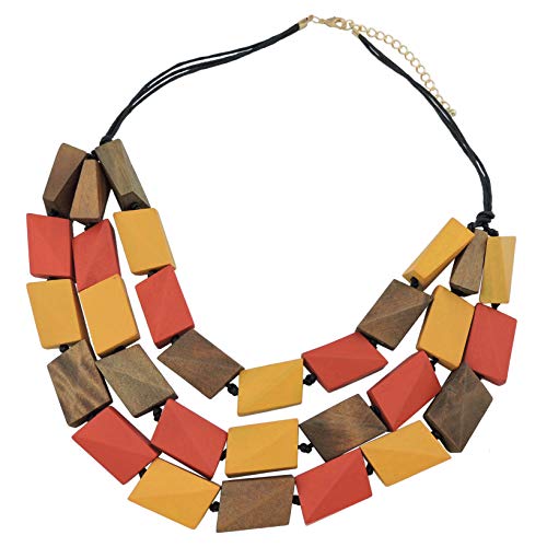 Coiris Halskette für Damen, 3 Lagen, große facettierte Holzperlen, Statement-Halskette für Frauen, klobiges Halsband (N0018) (red+yellow+brown) von Coiris