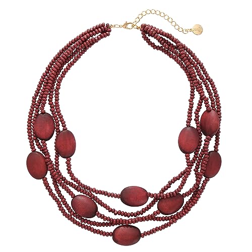 Multi Farbe 5 Schichten Holz Perlen Strang Statement Halskette für Frauen Chunky Kragen (N0019) (N0019-Red Ochre) von Coiris