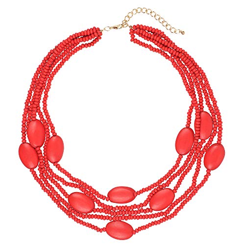 Multi Farbe 5 Schichten Holz Perlen Strang Statement Halskette für Frauen Chunky Kragen (N0019) (N0019-Red-) von Coiris