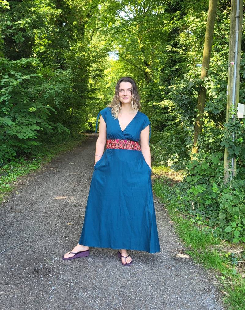 100% Baumwolle Flowy Seitentaschen Kleid, Lange Boho Stickerei, Hippie Chic Strandhochzeit, Verstellbare Flügelärmel & Taille Maxikleid Eu 38-46 von Coisas4u