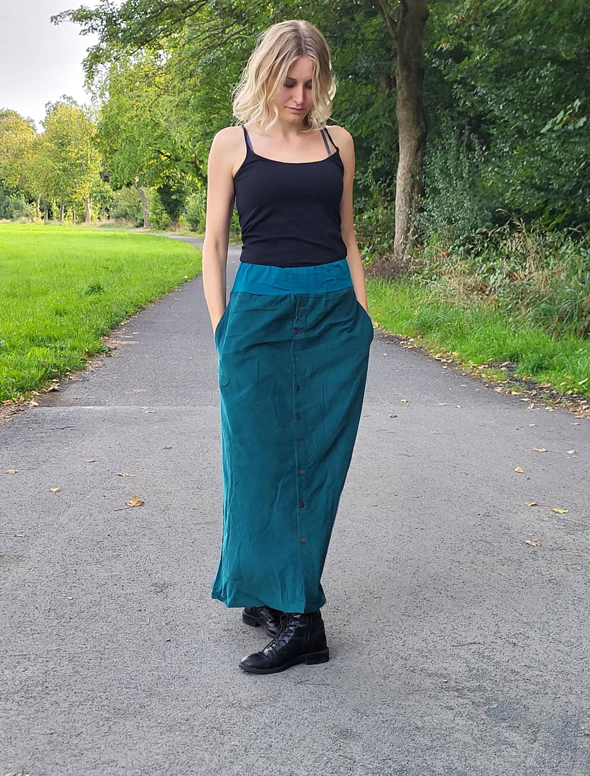 Blaugrüner Cord Maxi-Rock Mit Tasche, Petrol Lange Knopfleiste Breiter Bund A-Linie-Look, Herbst Boho Lässiger Rock Frauen Größe S - Xxxl von Coisas4u