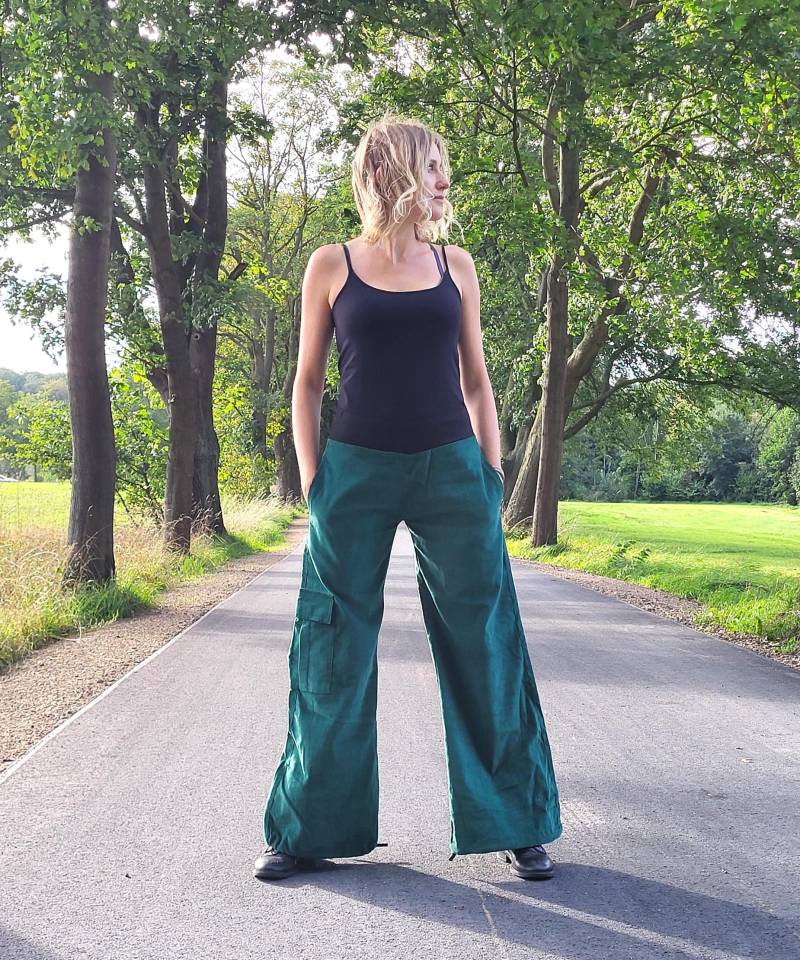 Hose Lässig Breites Bein Grün, Cord Bequem Mühelos Look, Lange Tasche Robust Und Langlebig Palazzo Kordelzug Unten Slack Geschenk von Coisas4u