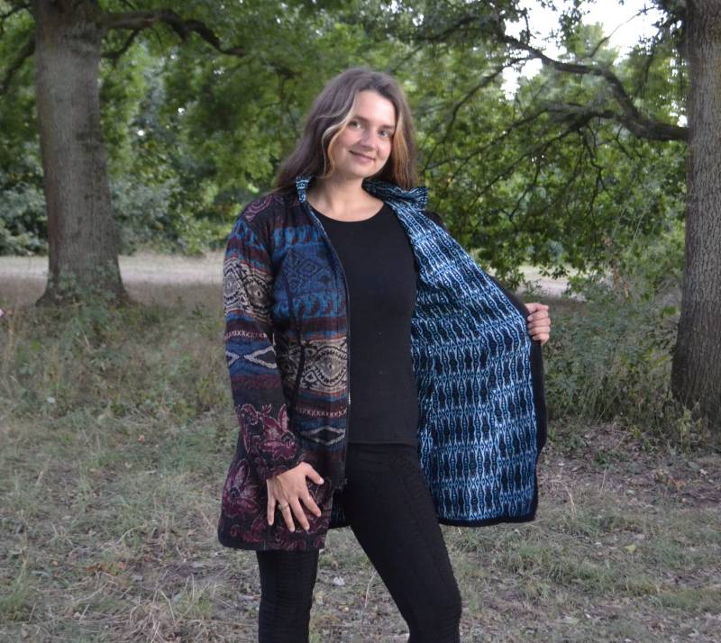 Jacke Gesteppte Reversible Wolle & Baumwoll-Mischung, Boho Ethnic Gemustert, Lässiger Reißverschluss Warm Gemütlich Ausgestattet Mantel, Modest von Coisas4u