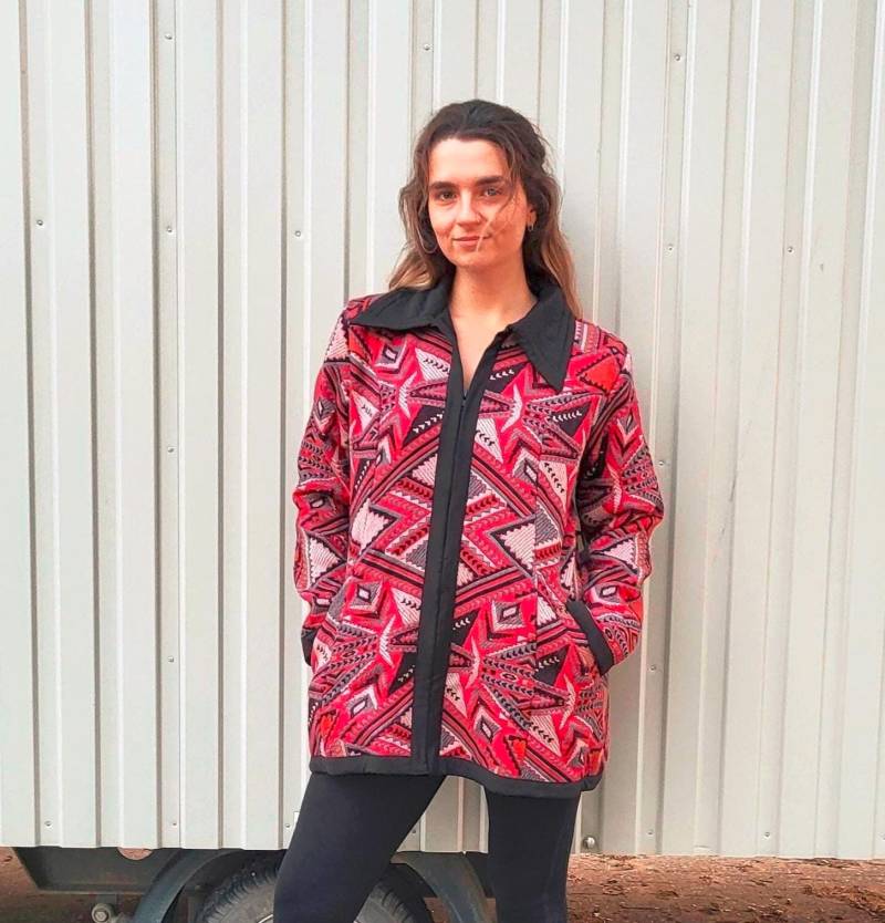 Kurzmantel Textur Dicker Baumwolle Front-Reißverschluss Mit Kragen & Tasche, Boho Ethno Print A-Line Jacke, Lässige Herbst Winter Oberbekleidung von Coisas4u